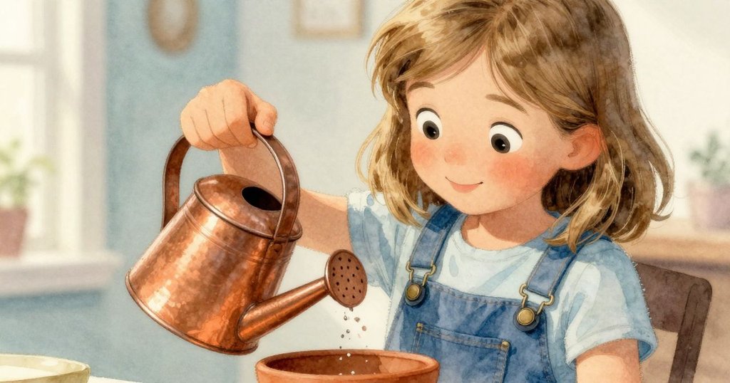 Zelma 輕柔傾倒銅澆水壺澆水,陶土花盆中花卉稍顯枯萎,細節豐富,展現物件之美。