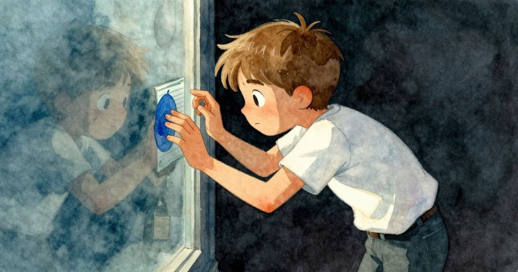 Blair 注視帳冊中藍墨水污跡於玻璃上反射出海洋影像,表情凝重,充滿故事發展感。