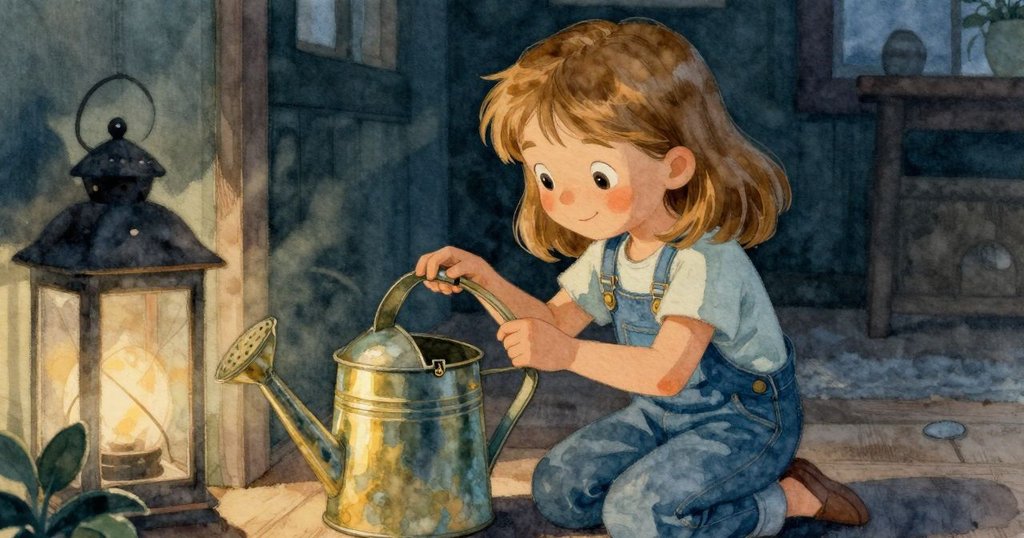 Zelma 跪在鍍銅架旁,仔細檢視澆水壺凹陷鉸鏈,神情專注,展現發現解決方案的瞬間。