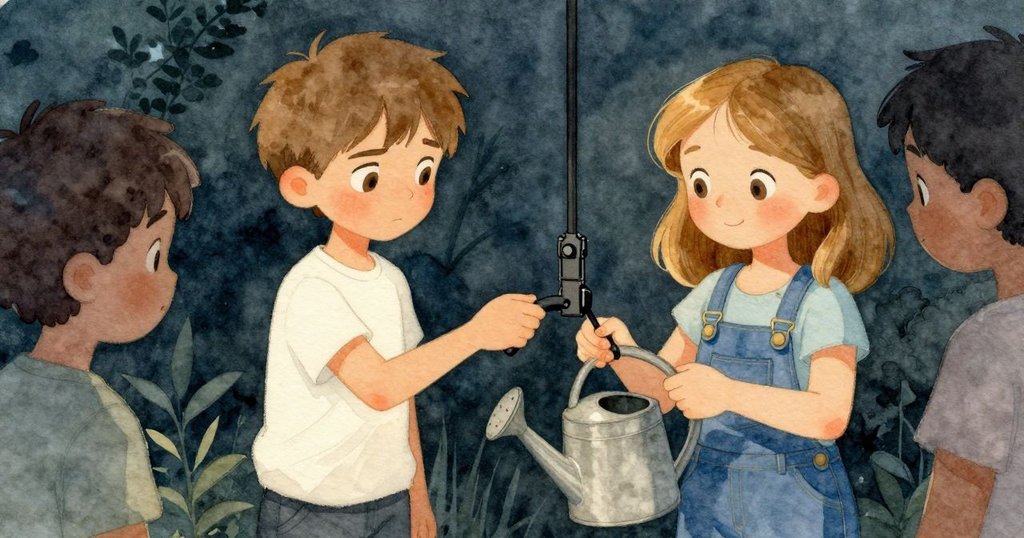 Blair 與 Zelma 攜手修復鏡頭支架,銅澆水壺穩固放置,臉上透露出共同成功的喜悅,故事完結。