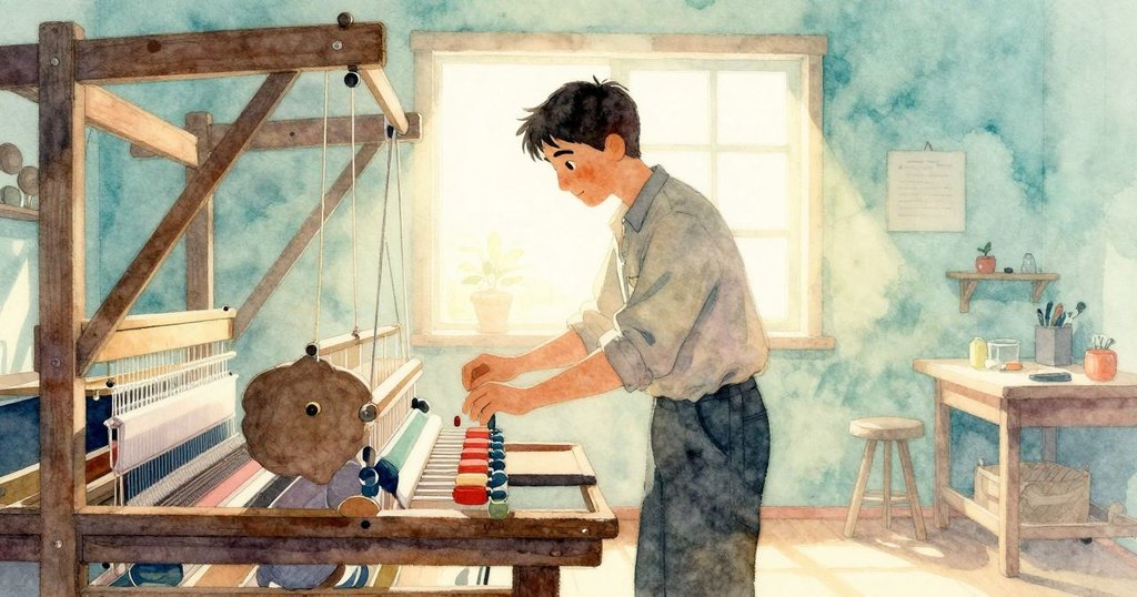 伊爾文站於工房內,剪影映襯明亮窗光,機器運作呈現溫馨工業氛圍