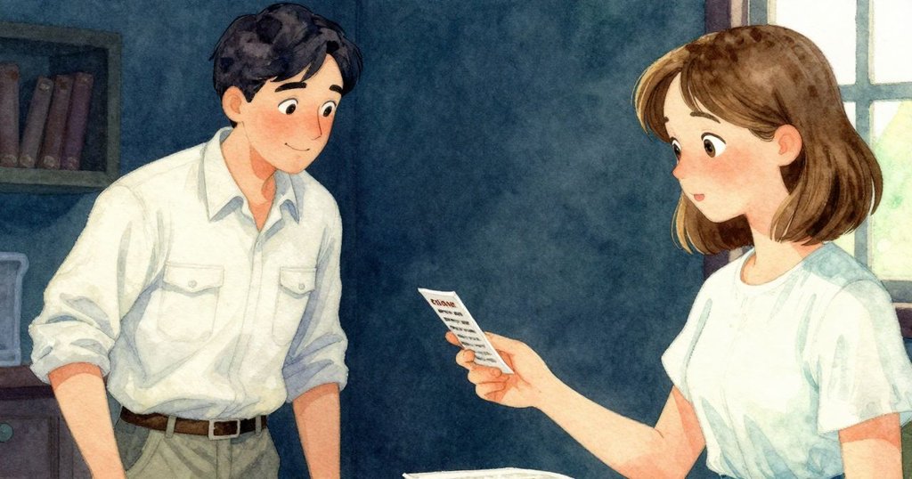 伊爾文輕觸打孔卡,陽光照亮缺失孔洞,細節清晰呈現工房溫馨情境