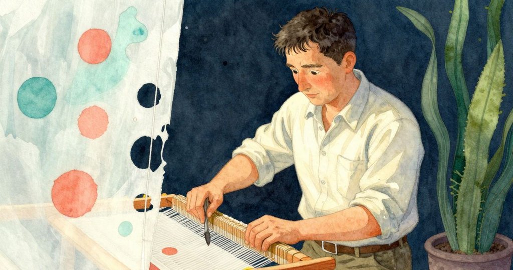 伊爾文猶豫間停手於打孔工具上,織物不均波動映射內心矛盾,雙重視角呈現情緒與技術細節