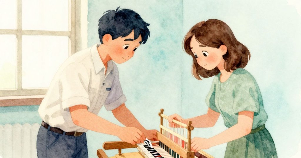 卓拉手捧備用打孔卡走入工房,與伊爾文形成細膩互動,溫暖光線中互傳支持與關懷