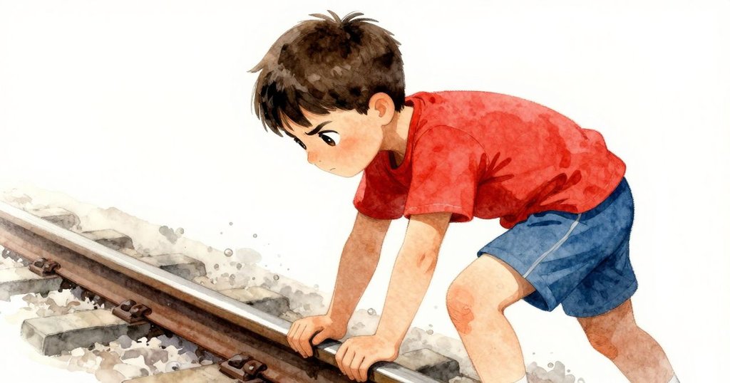 伊米爾膝旁鋼軌上有細微刮痕, 他緊握木筏邊緣, 表情平靜展現歷練記憶