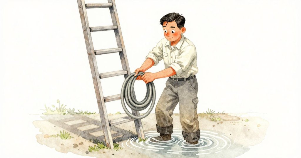 公園工作者在服務通道中, 膝浸水中仔細處理水管與斑駁梯子, 表情專注展現維護節奏