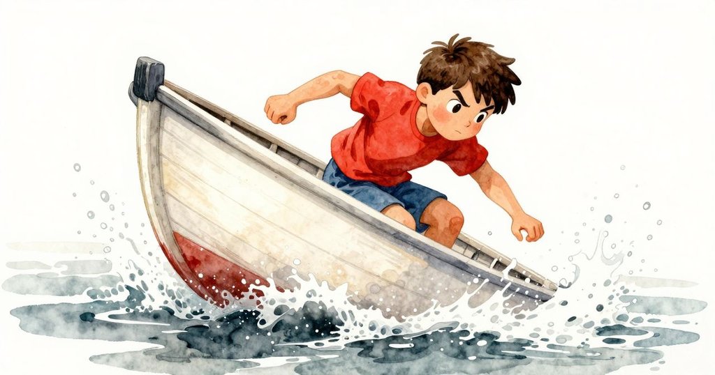 木筏急速下行, 水花四濺飛揚, 伊米爾調整姿態保持平衡, 臉上展現清涼興奮神情