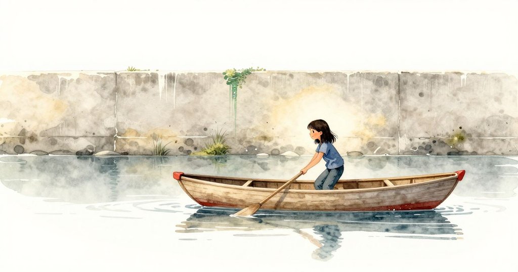 茜妮亞注視牆面上閃耀的綠痕, 木筏緩行進入平靜水域, 黃昏柔光下展現溫馨結局