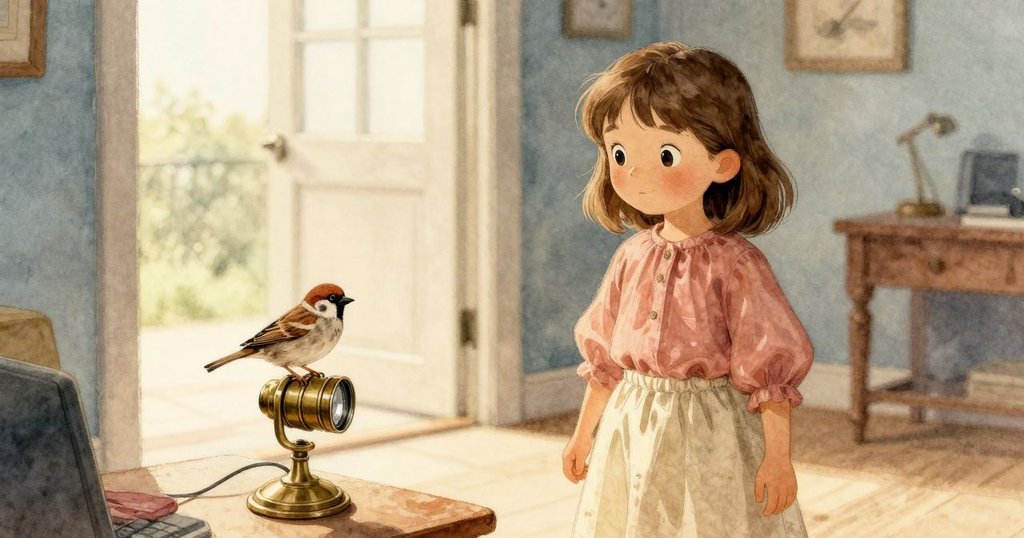 Poppy站在門口凝視落在桌上銅邊鏡頭的麻雀，房間溫暖柔和，洋溢著探索新奇的氣氛。