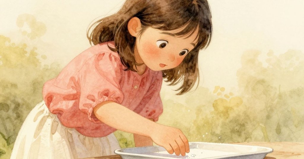 Poppy伸出手拂過桌上白盤，細緻光芒中展現出一顆微光閃爍的碎片，充滿專注與期待。