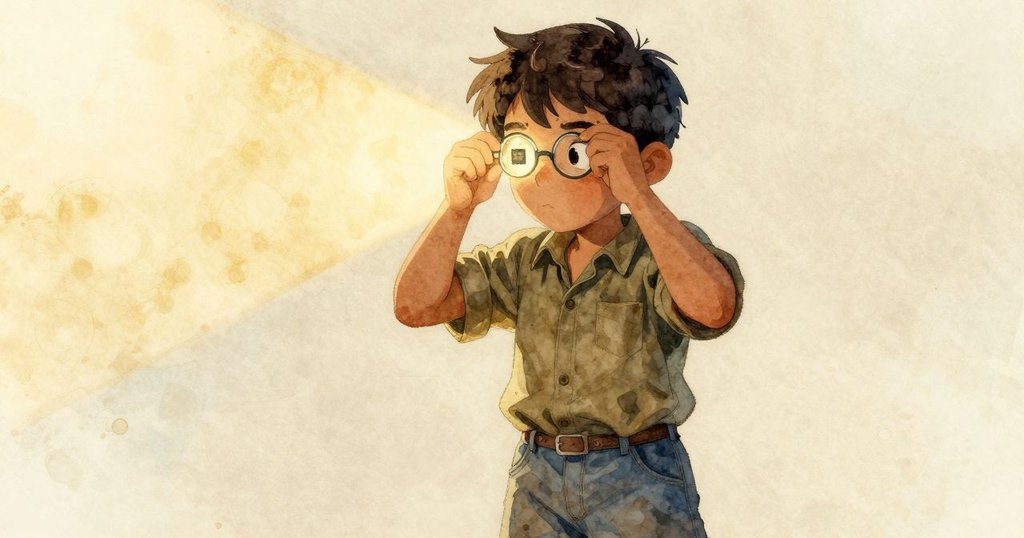 Palmer低角度專注調整懸掛在桌上鏡頭的玻璃，穩定的手勢和集中神情展現精細工作。