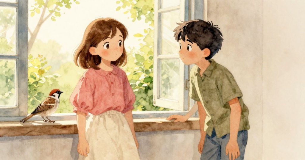 Poppy和Palmer在明亮窗邊凝視窗外移動的麻雀，柔風輕拂房內裝飾，呈現室內外和諧融合。