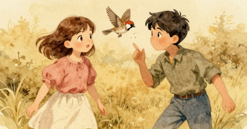 麻雀在動態中掠過桌面，迅速取下閃爍的碎片，振翅飛行間展現出驚奇與活力。