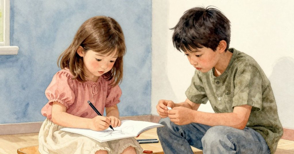 Poppy合上畫冊，Palmer注視桌上餘留碎片，室內午後柔光中流露出溫馨沉思與告別情懷。