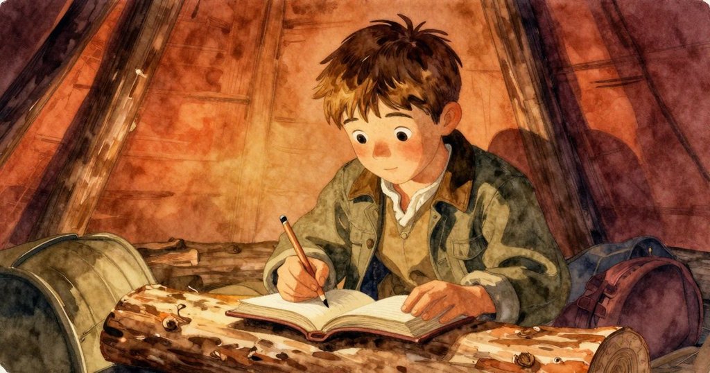 彼得拉在氣象小屋內仔細查看打開的日誌和鉛筆，牆上雪松與薰衣草蠟燭營造出懷舊溫暖氛圍。