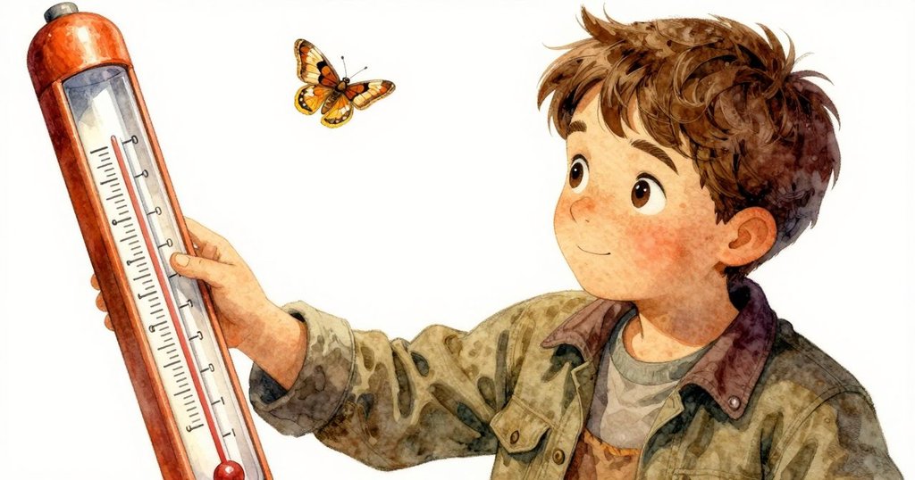 彼得拉從傾斜角度檢視水銀柱，近拍呈現飛蛾輕觸臉龐，展現認真測量與細膩光影。