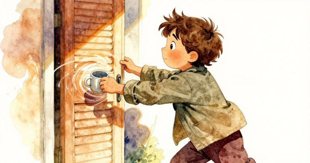 彼得拉在正午光芒中拉開百葉窗門，風力使杯子旋轉，場景充滿動感與溫暖明亮的光影。