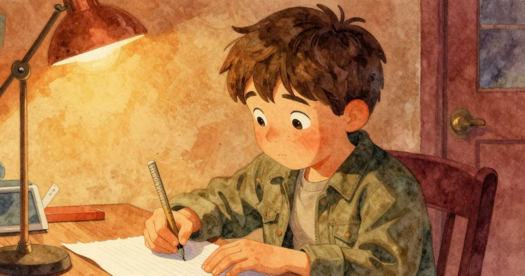 彼得拉在儀器旁猶豫書寫，神情透露輕緊張，內部暖光與背景微風交織出沈思氣氛。