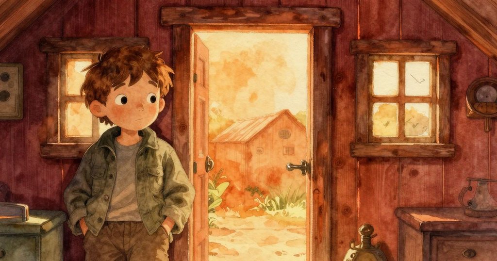 彼得拉在氣象小屋內靜靜靠著半開門休息，雪松牆與上升蒸氣營造出平和深思的結尾。