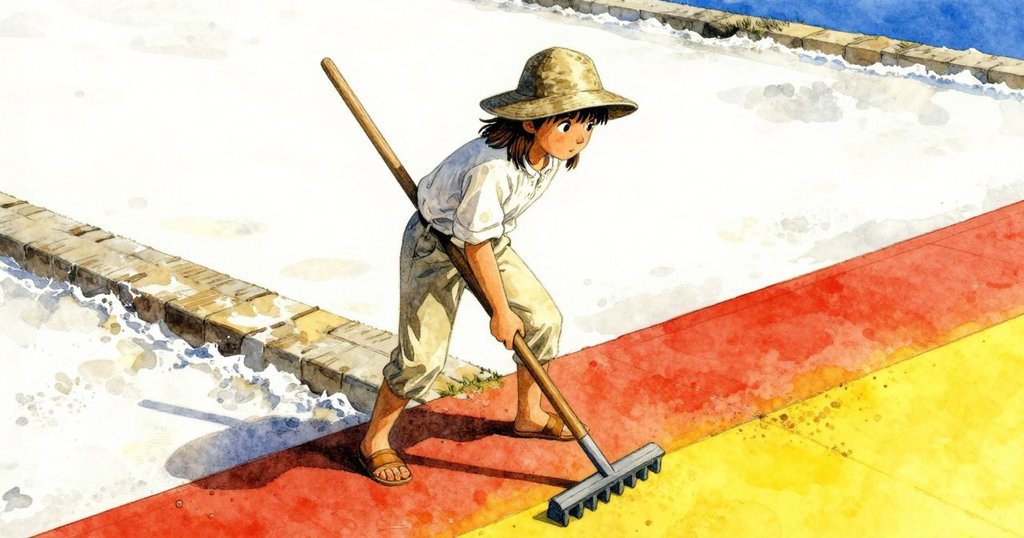 扎拉站在傾斜的鹽灘小路上，凝視木耙，陽光明亮，神情專注，展開故事序幕