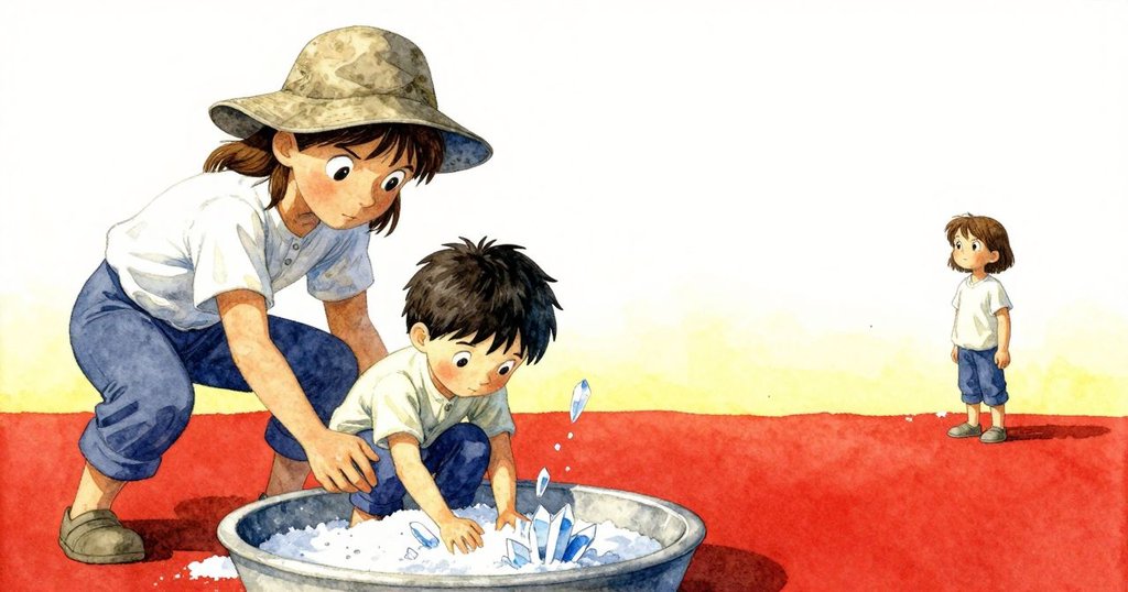 扎拉與達希爾在寬闊鹽灘中互動，達希爾蹲於水槽上觀察鹽晶，背景空曠展現孤寂與探索