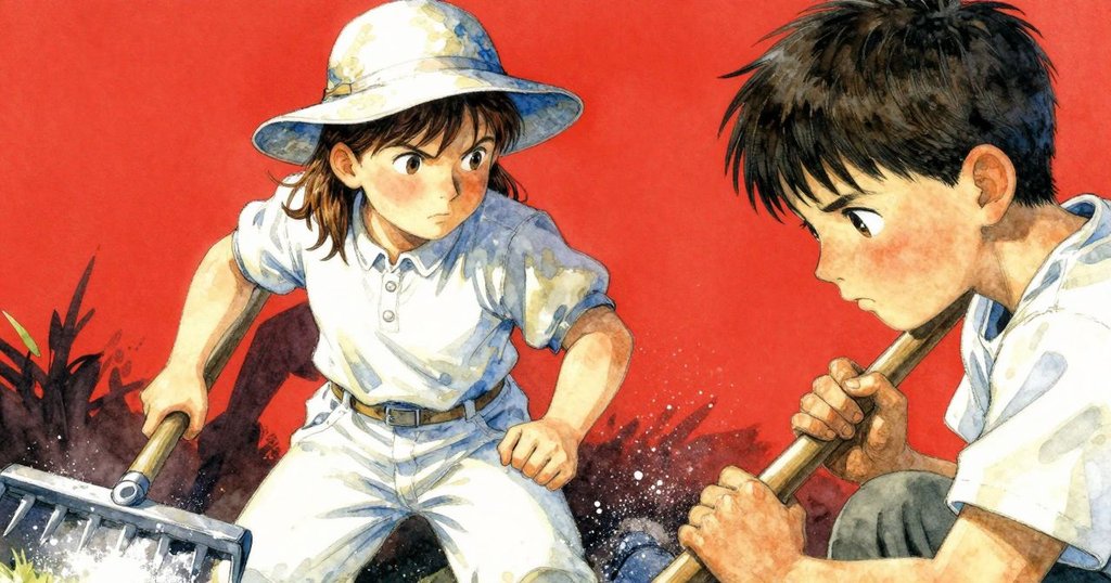 扎拉的手握住木耙，手套細節呈現，鹽塵在陽光中飛揚，特寫展現她面對困難時的專注