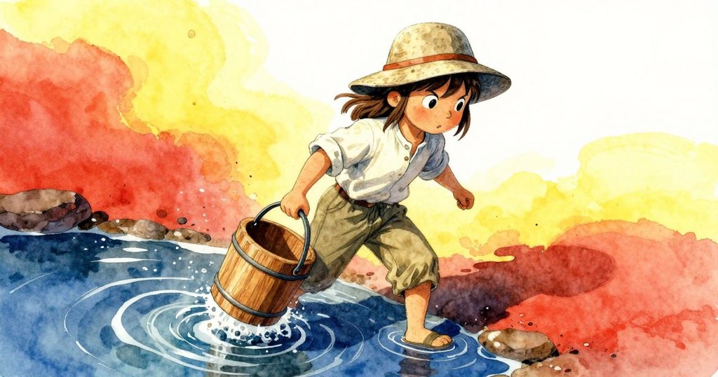 扎拉從高處俯視鹽灘，提著木桶將其浸入閃爍鹽水中，液滴飛舞展現動感詩意