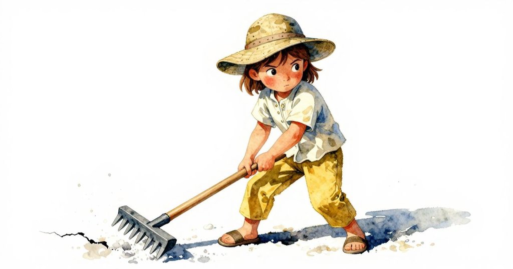 扎拉用力推動木耙，鹽層應力裂開，展現動作與反應的連鎖變化，光影明朗細節豐富