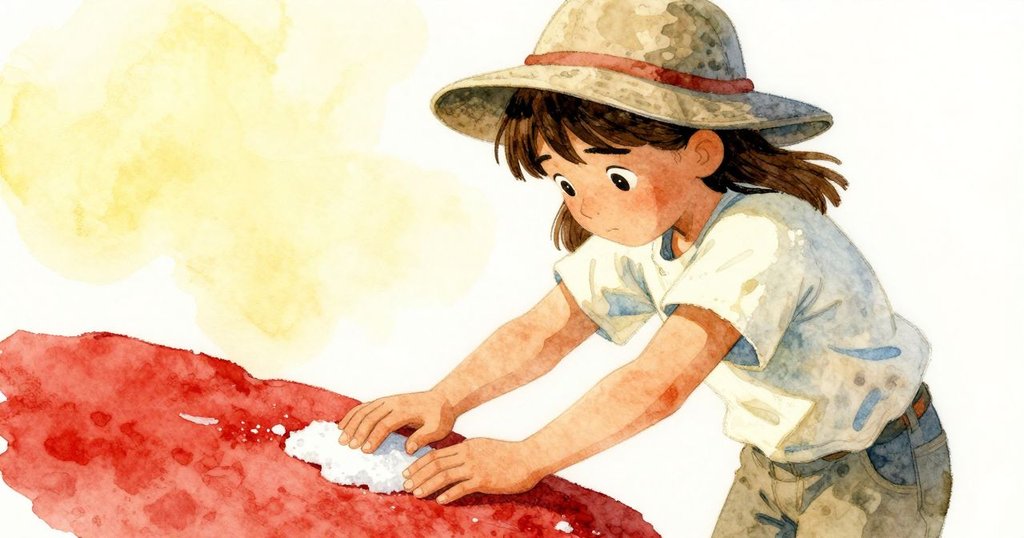 扎拉靜靜落腳於鹽灘中，輕觸冰涼鹽層，臉上流露溫柔平靜，最終迎來挑戰後的安然結局