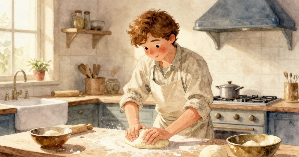 達恩在明亮的廚房裡揉著淡色麵糰,面粉輕輕散落,溫暖晨光營造出專注而舒適的氛圍