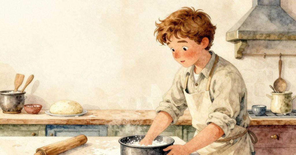 奶狀發酵器緩緩靠近櫃檯邊緣,背景中隱約可見氣泡麵糰,寬廣空白襯托出廚房的溫暖靜謐