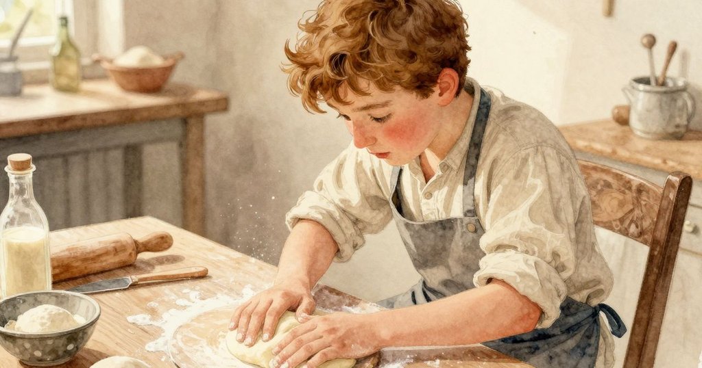 從上方俯視達恩專注地用雙手塑形麵糰,木製刮板上氣泡微露,溫暖光線突顯細膩變化