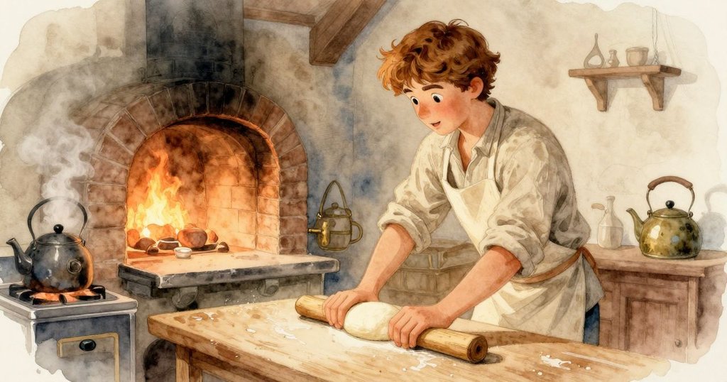 達恩迅速轉動身軀,用木板推動麵糰向敞開的烤箱移動,旁邊水壺冒出蒸汽,廚房溫暖忙碌