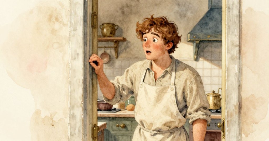 達恩在廚房中停下腳步,露出驚訝表情凝視遠處門口,隱約可聞尋匙聲,環境溫暖而神秘