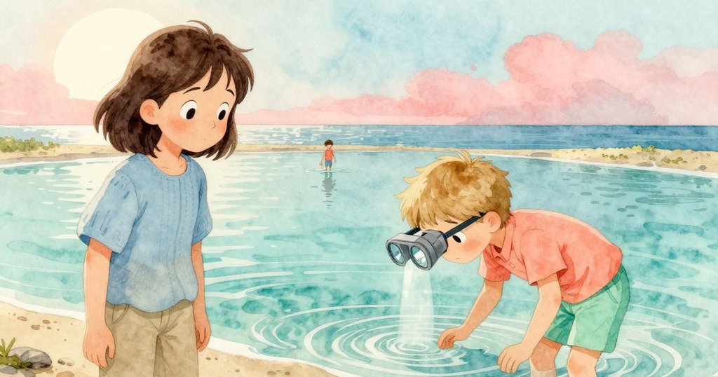 普魯在潮池邊傾斜玻璃觀察器釋放潮信，奧森遠處涉水，場景充滿戲劇光影與微妙海洋互動。