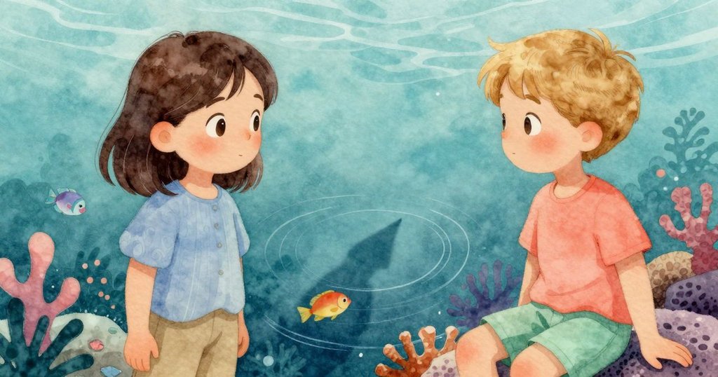 透過觀察器內部視角，細小魚群因鉛筆影子迅速散開，塵泥旋轉掩映珊瑚年輪，展現自然脆弱瞬間。