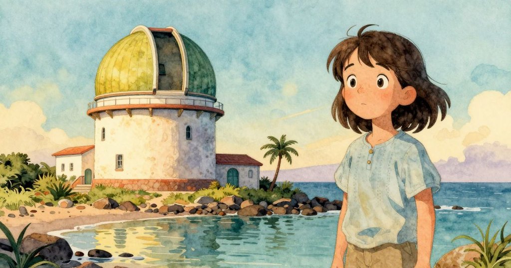 傍晚海邊，老舊觀測站靜靜矗立，普魯在前景觀察潮池細節，展現歷史與自然的和諧交融。