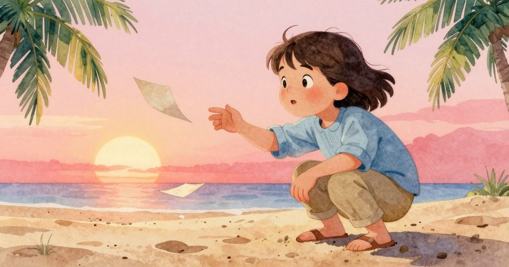 普魯在沙灘上蹲身撿起飄散筆記頁，夕陽映出她謹慎而急促的動作，展現緊張與決心。