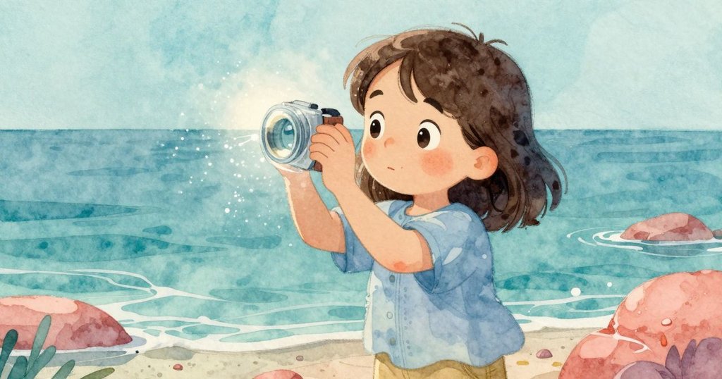 普魯靜謐面容中舉起玻璃觀察器，邊緣鹽晶閃爍，平靜潮池映襯出一刻神秘而溫柔的領悟。