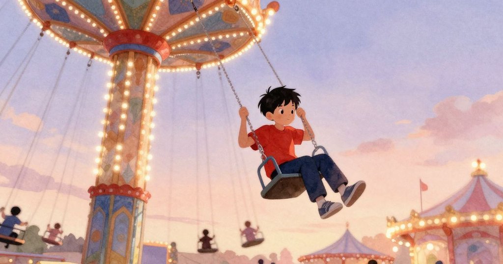 Xavier在遊樂場盪鞦韆上騎乘, 背景燈光輝映, 身影清晰, 呈現活潑動感與夜晚氣氛。