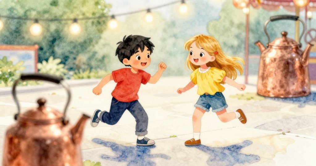 鏡頭聚焦失蹤銅壺位置, 反光地面映照燈泡, 清楚展現空缺細節與遊樂場背景。