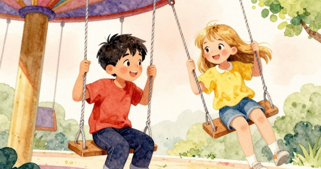 Xavier與Nora於盪鞦韆上歡笑互動, 連動鏈條與背景層次豐富, 呈現快樂生動時刻。