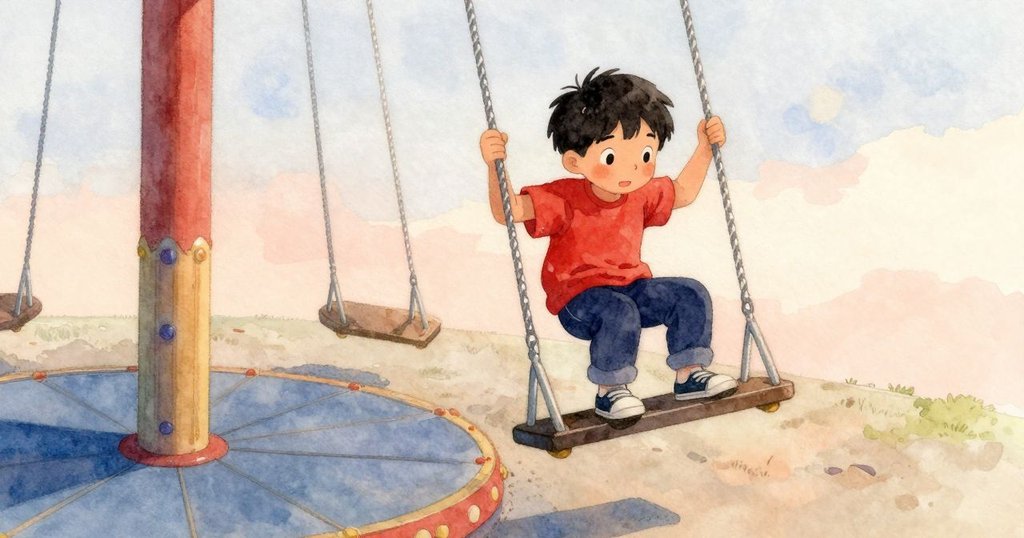 Xavier離開盪鞦韆, 小心踏上木質站台, 感受涼爽夜風, 表露探索與期待的神情。