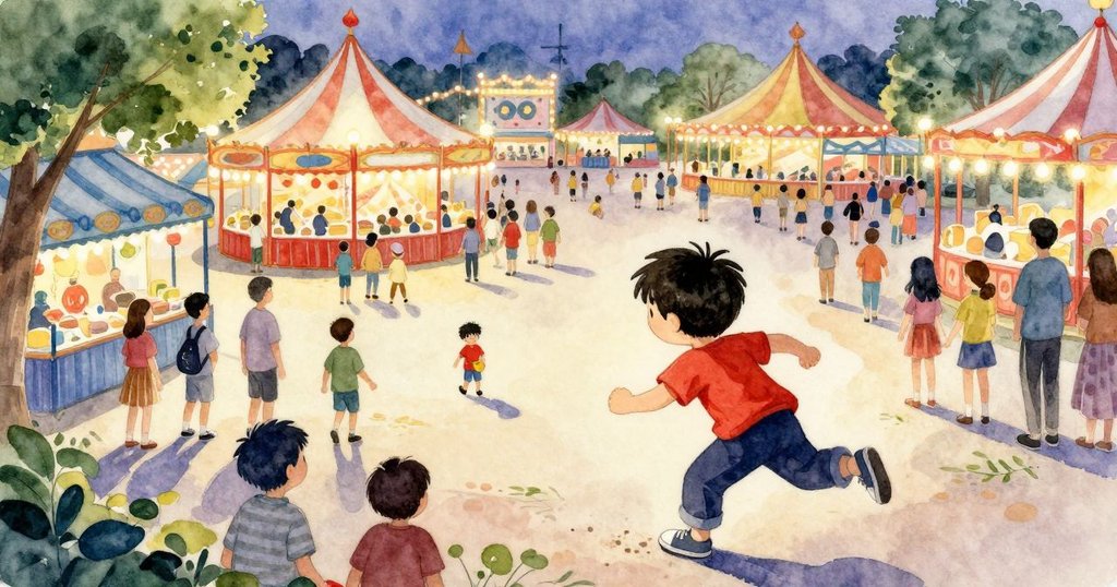 Xavier站在閃爍燈光的遊樂場中, 與熙攘人群形成鮮明對比, 靜思失蹤銅壺, 展現落寞與反思。