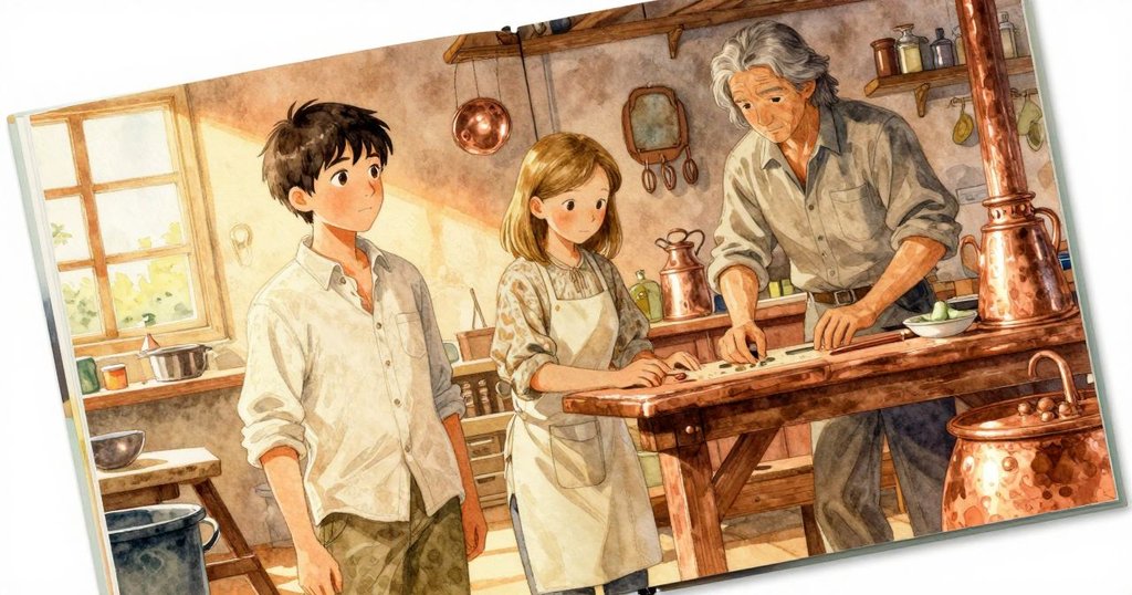 Zeke用筆刻銅板, Gemma調整紙張, Jasper背景移動,高天窗透出溫暖光芒,工作間充滿歷史氣息。