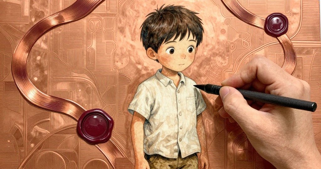 Zeke的手握著筆在銅板上精雕細琢,展現蠟質細節與溫暖色調,細節豐富的工藝場景。