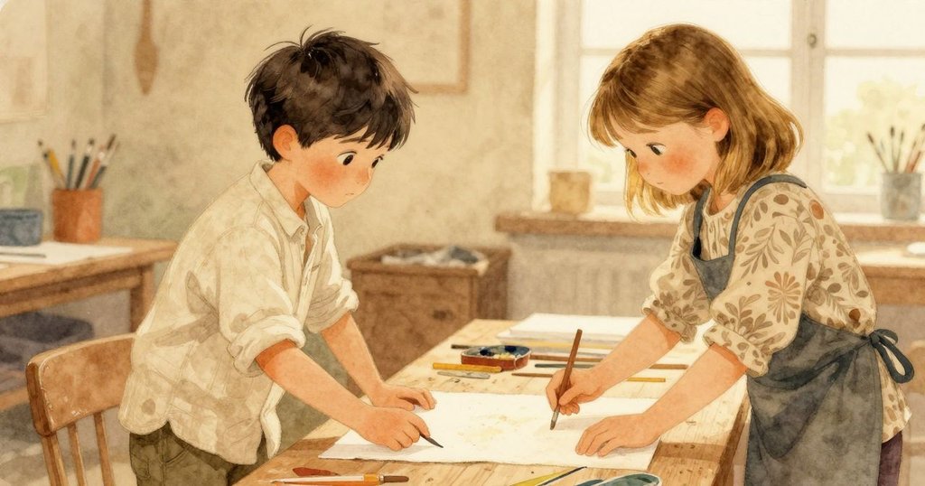 Zeke背影望向Gemma,她專注調整濕潤紙張於工作台上,環境溫暖而充滿手工藝氛圍。