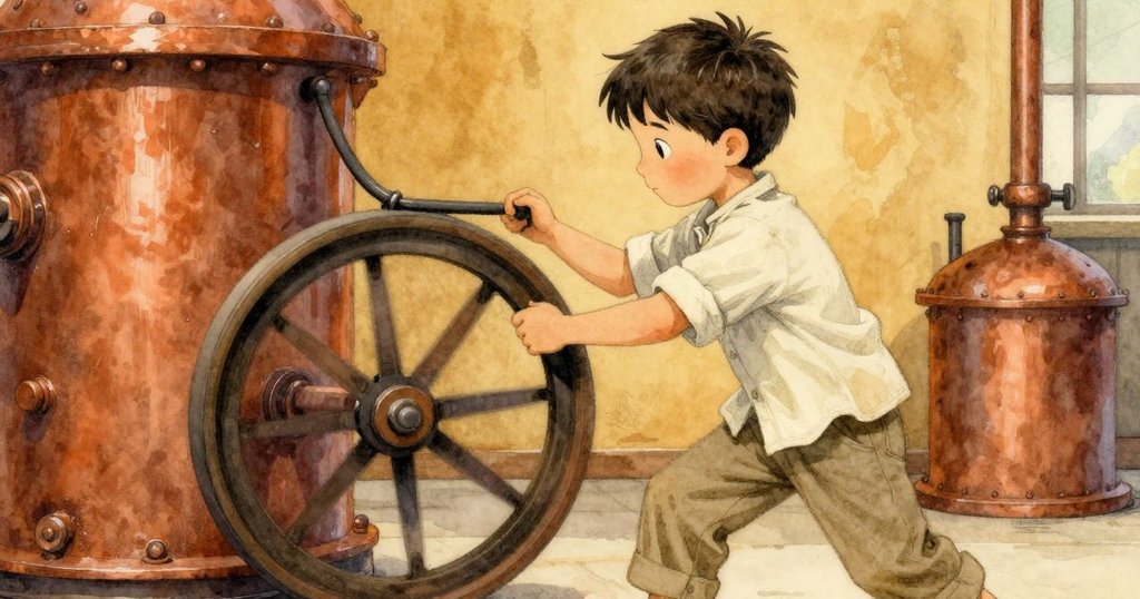 Zeke全神貫注轉動印刷機手柄,機械齒輪與移動布料營造出緊迫動感,現場充盈暖色工業光芒。