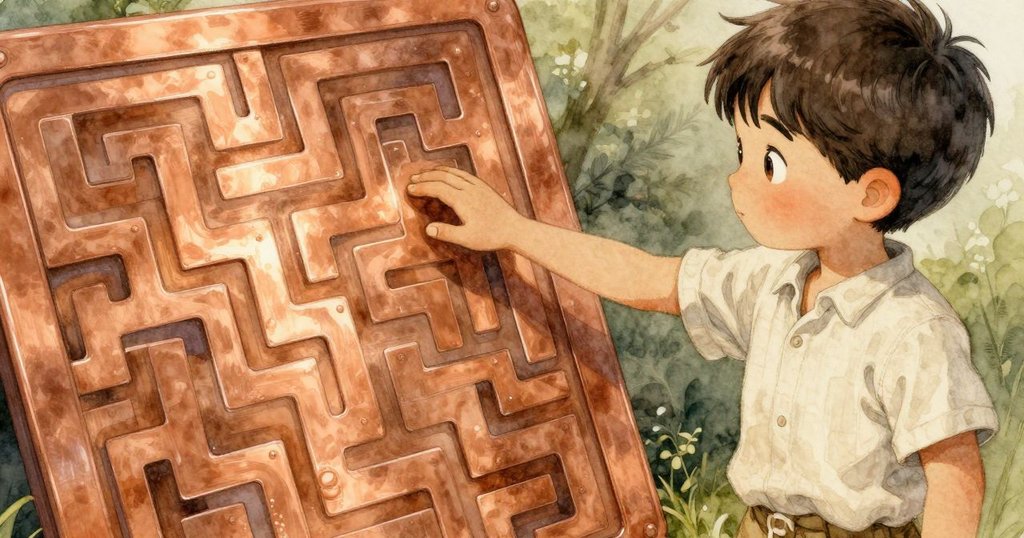 Zeke的手輕觸新印完成的迷宮,銅板上精細紋路映出歷史與藝術交融,帶來靜謐勝利之感。