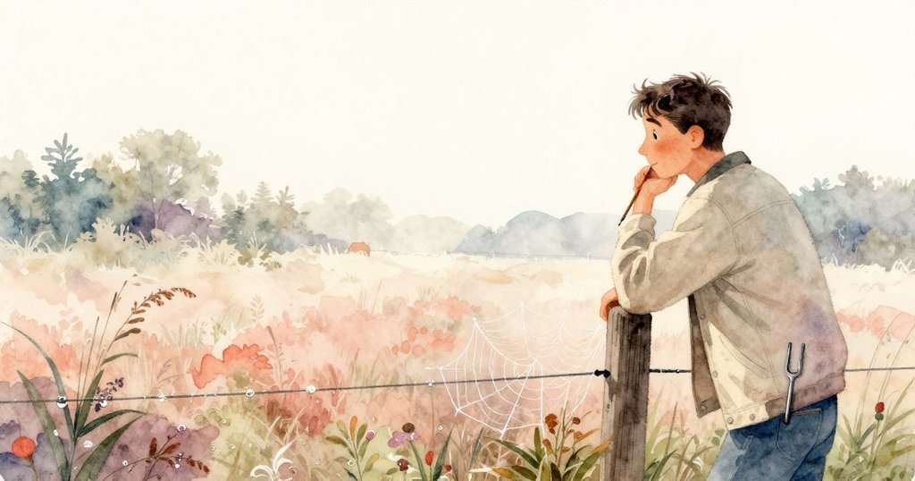 在柔和晨光中，Vaughn停在柵欄旁停下腳步，凝視微微顫動的露珠網，表情充滿好奇和警覺。